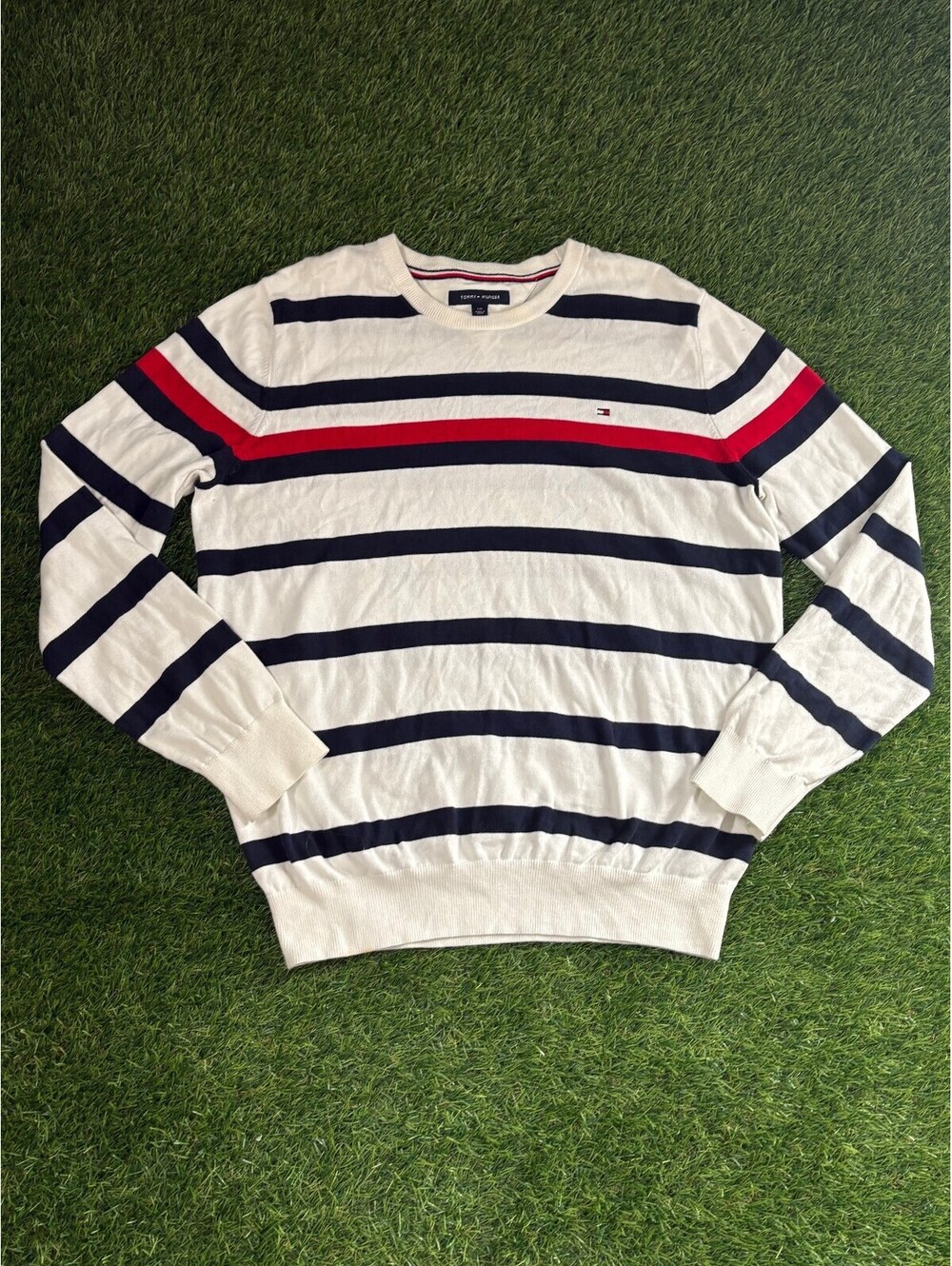 Tommy Hilfiger 2020s White Navy Red Cotton Sweater, Men's L